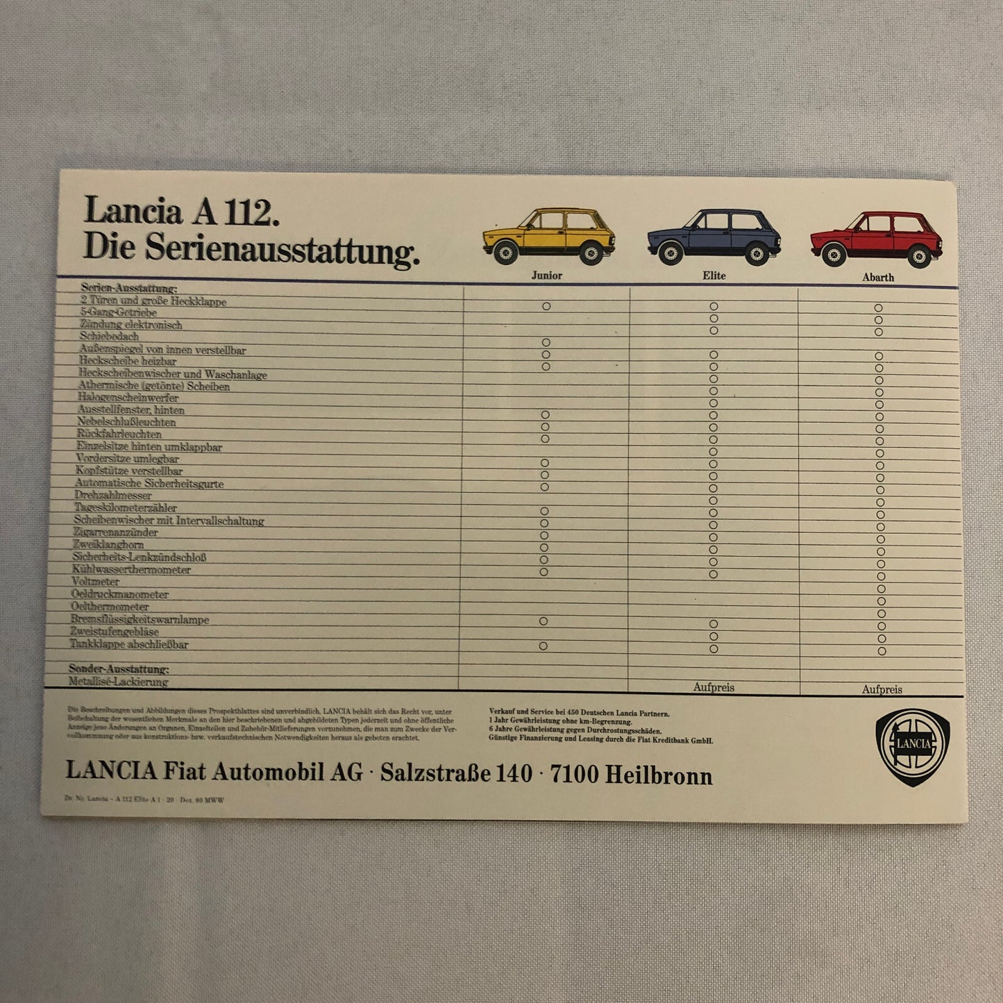 Lancia A112 Elite Car Sales Brochure Catalog Vintage GERMAN Lancia A 112