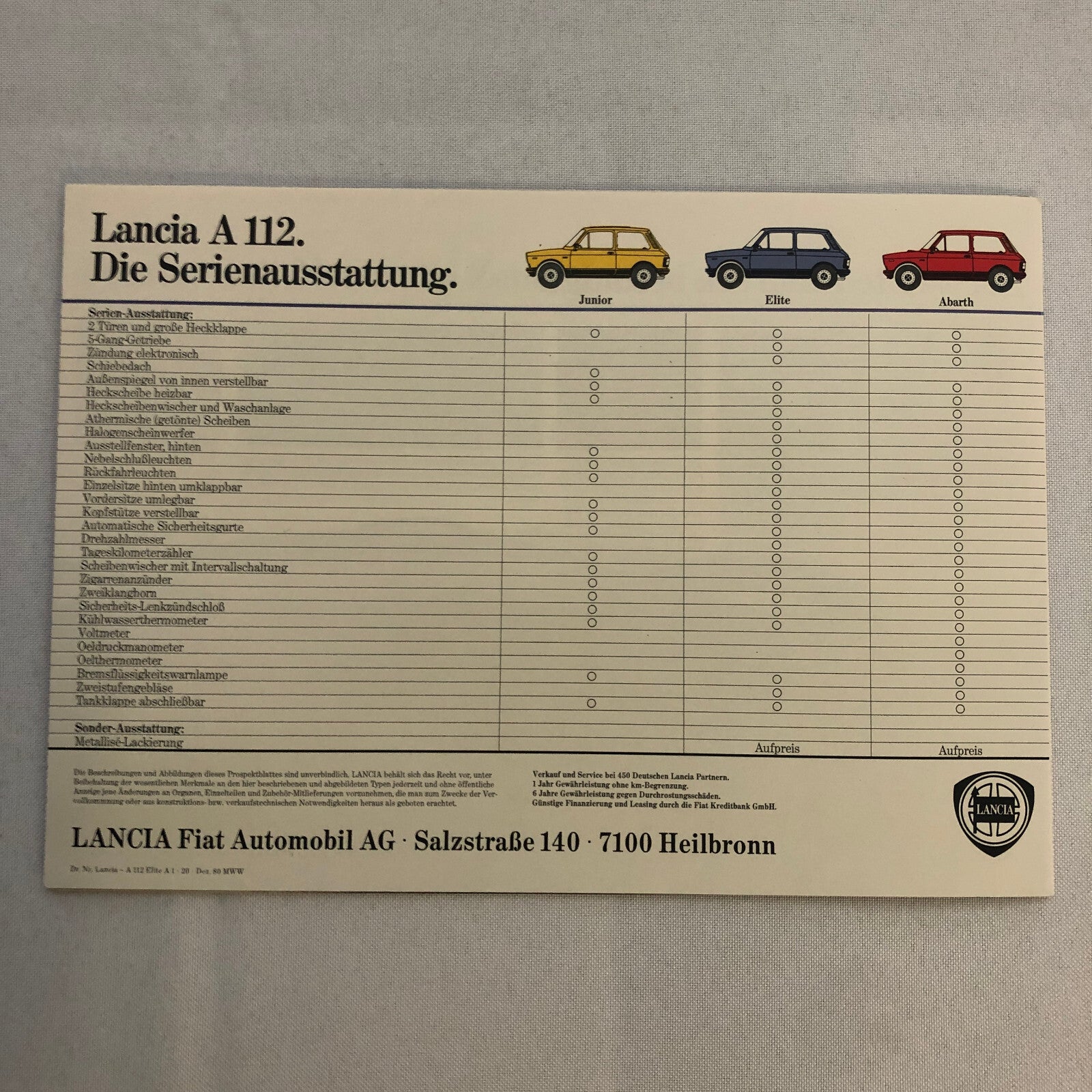 Lancia A112 Elite Car Sales Brochure Catalog Vintage GERMAN Lancia A 112