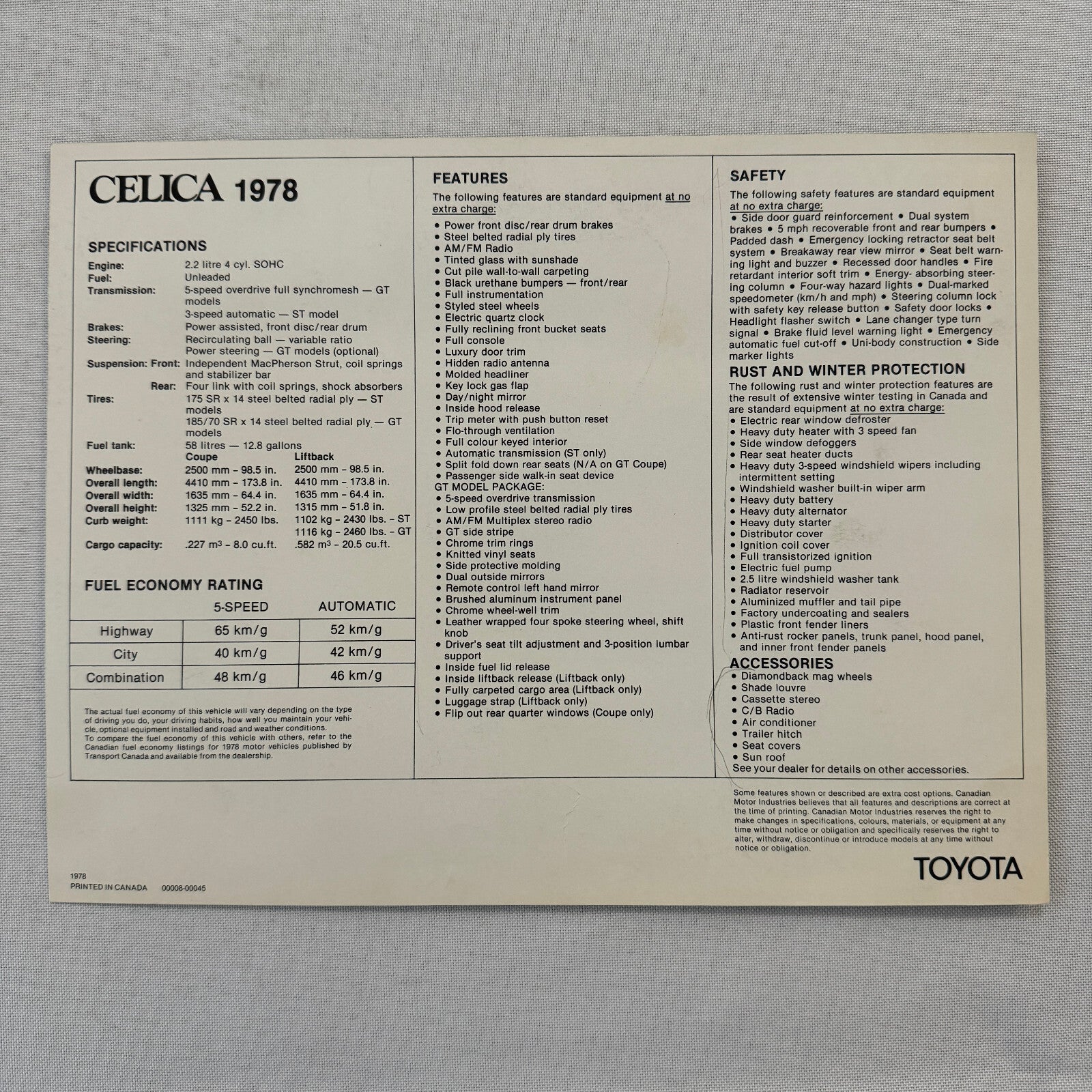 1978 Toyota Celica Car Sales Brochure Catalog Canadian GT Liftback and GT Coupe