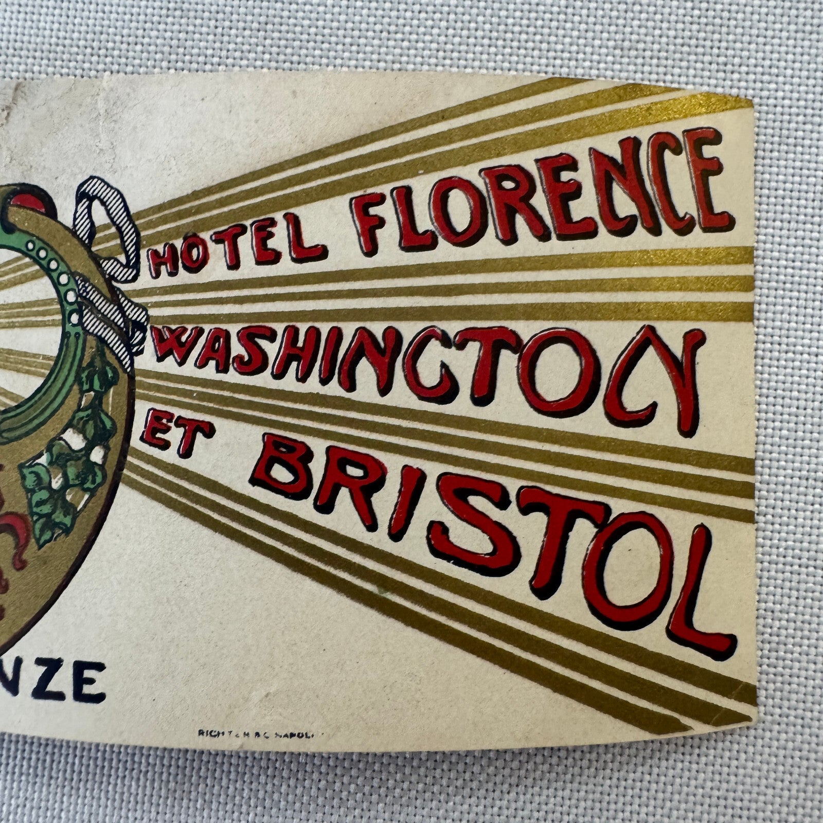 Vintage Hotel Travel Label Hotel Florence Washington et Bristol Firenze Italy