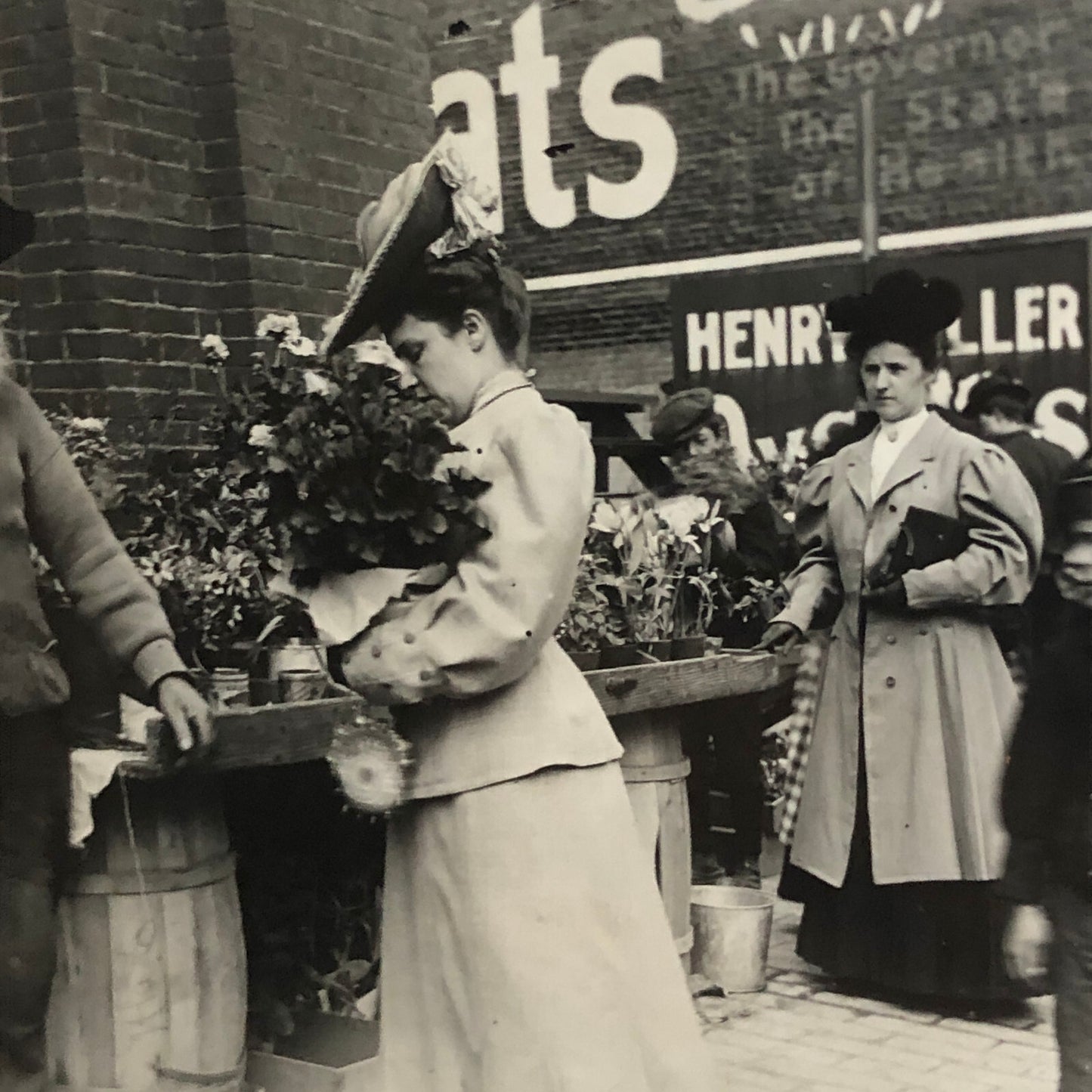 Antique Glass Plate Lantern Slide Photo Man Woman Child in Market Beard