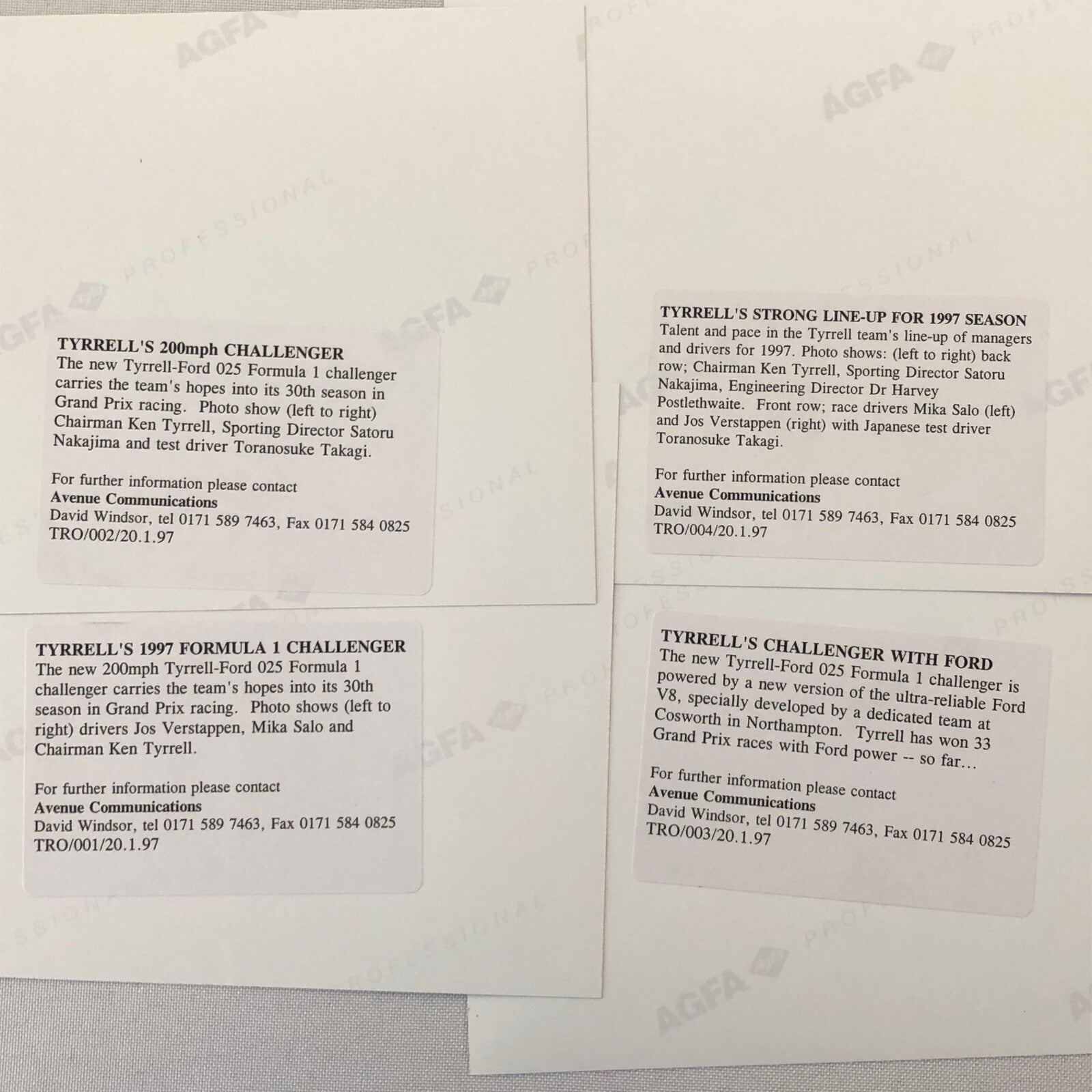 1997 Tyrrell Ford 025 Racing Car Team Press Kit Photos Mika Salo