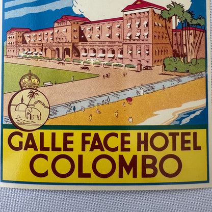 Vintage Hotel Travel Luggage Label Ceylon Colombo Sri Lanka Galle Face Hotel