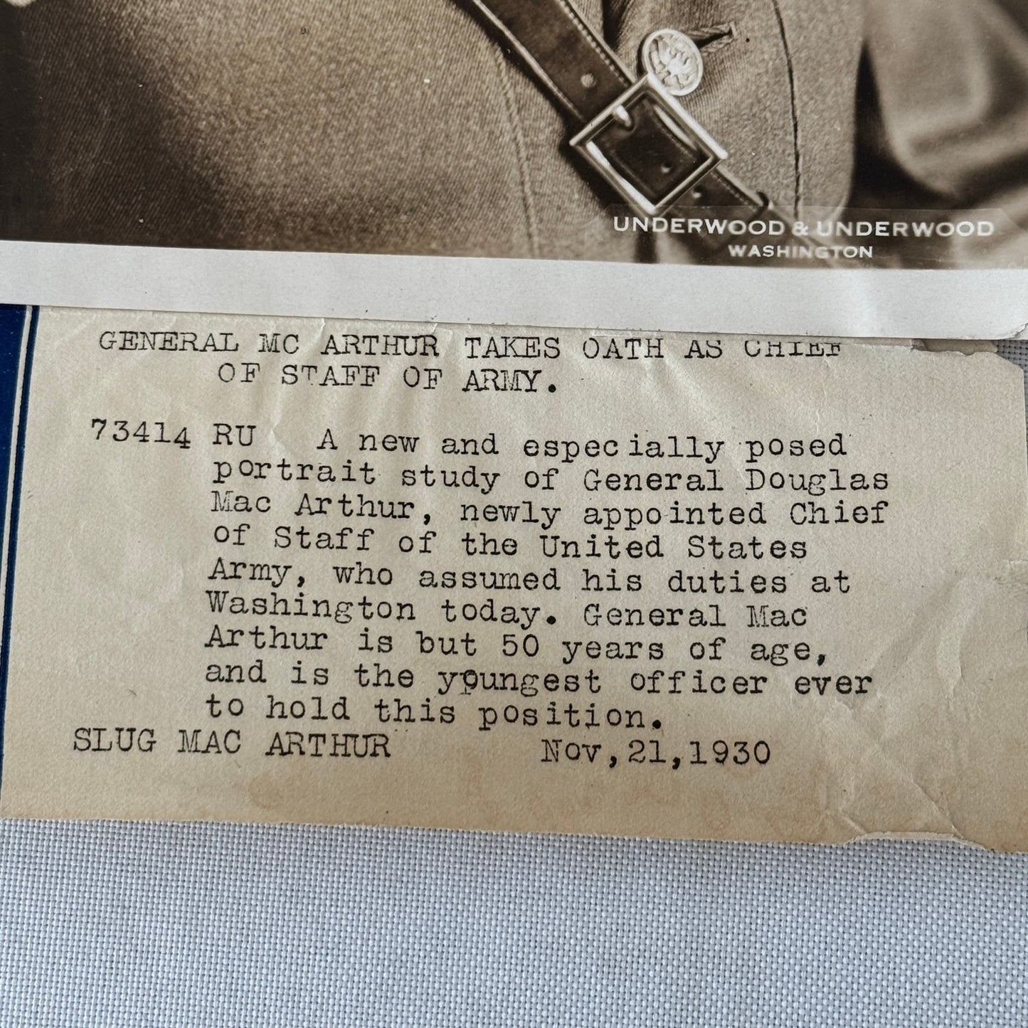 General Douglas MacArthur Underwood Press Photograph 1930 United States Army