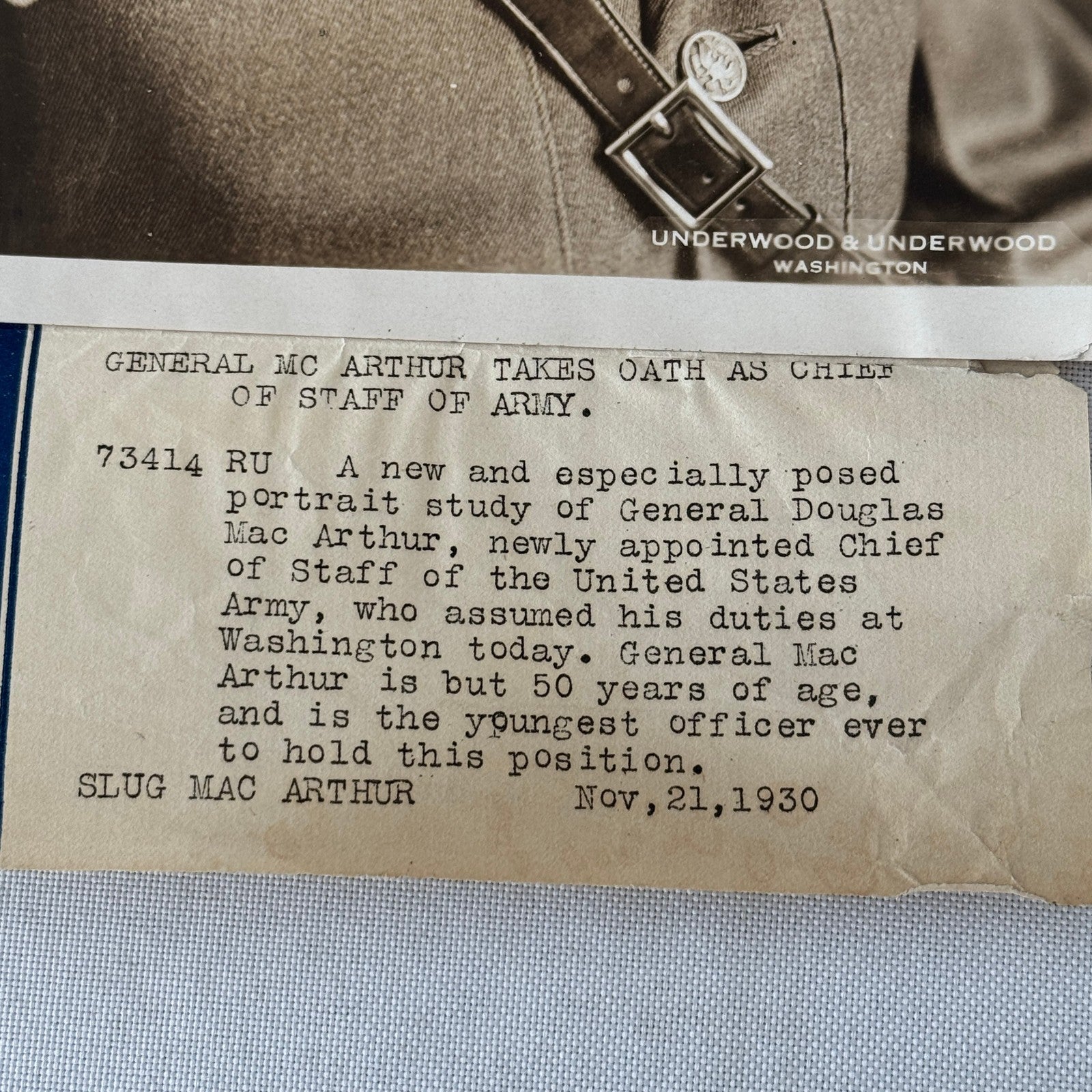 General Douglas MacArthur Underwood Press Photograph 1930 United States Army