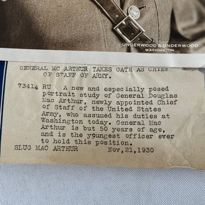 General Douglas MacArthur Underwood Press Photograph 1930 United States Army