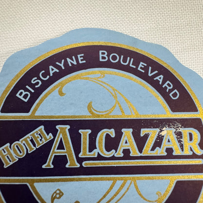 Vintage Travel Luggage Label Hotel Alcazar Miami Florida FL