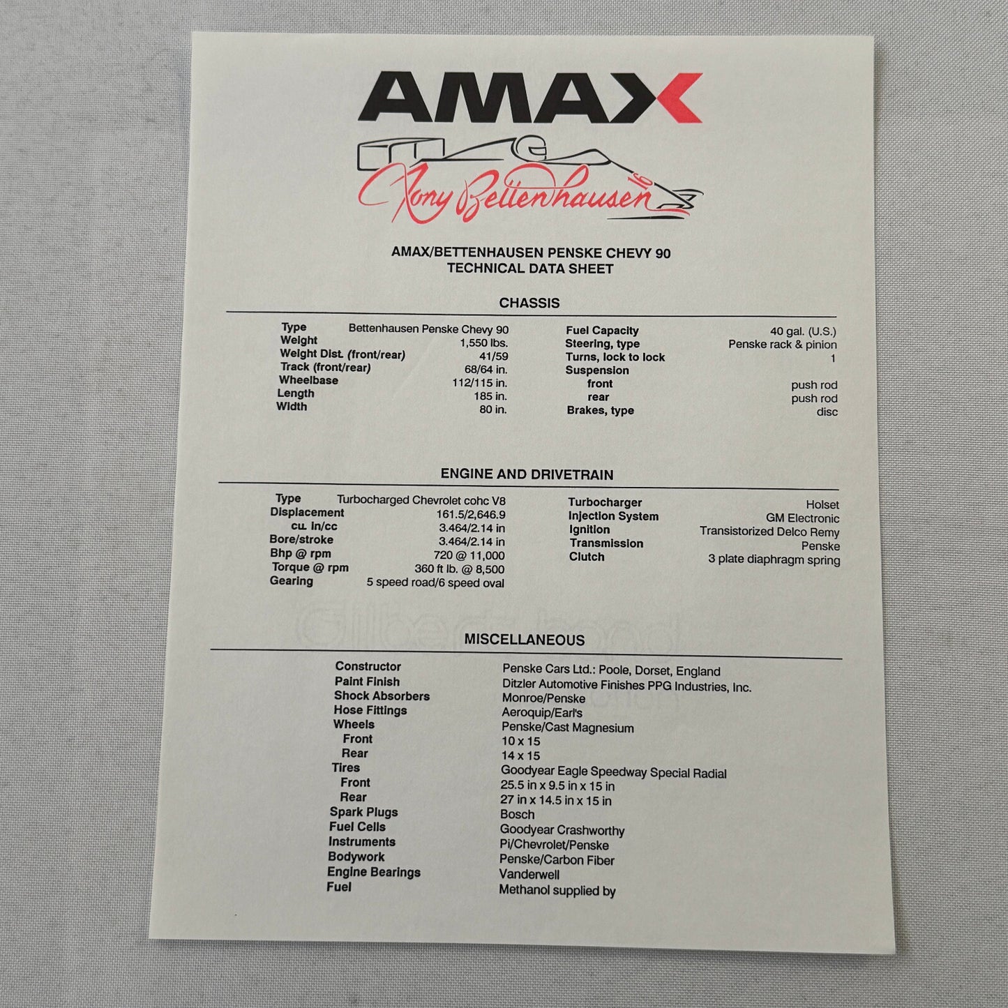 Tony Bettenhausen AMAX Racing Press Kit Brochure Penske Chevy 90 Indy Car