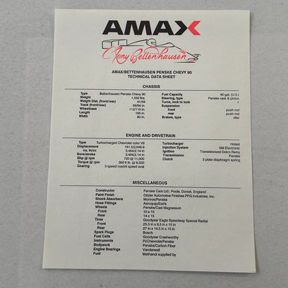 Tony Bettenhausen AMAX Racing Press Kit Brochure Penske Chevy 90 Indy Car