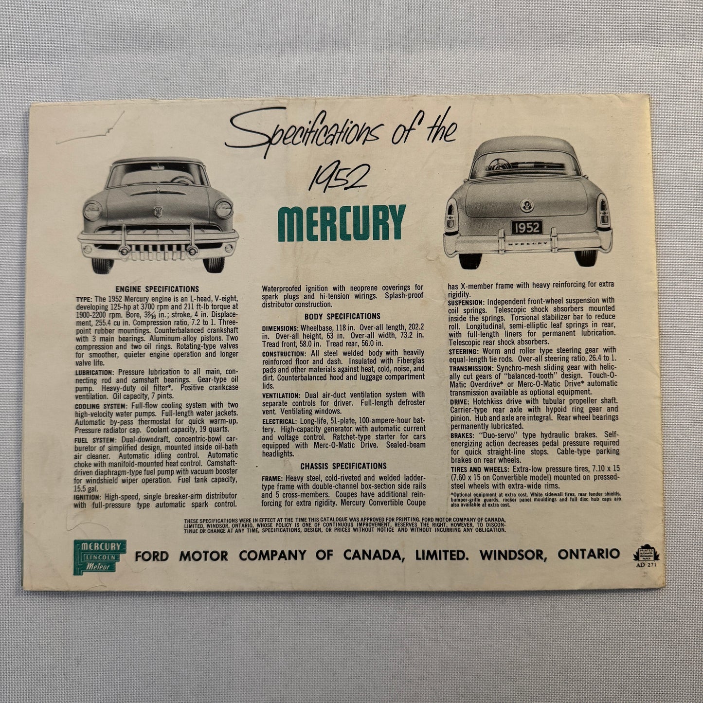 1952 Mercury Car Sales Brochure Catalog Mercury Monterey Convertible Coupe