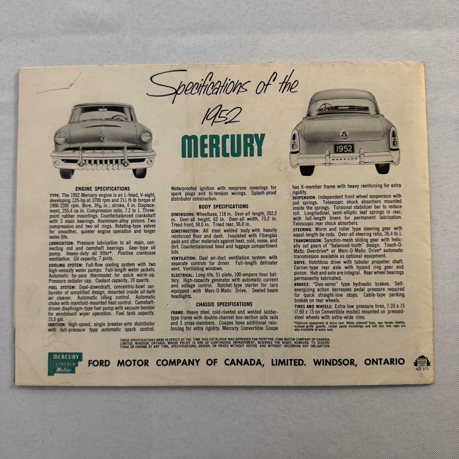 1952 Mercury Car Sales Brochure Catalog Mercury Monterey Convertible Coupe