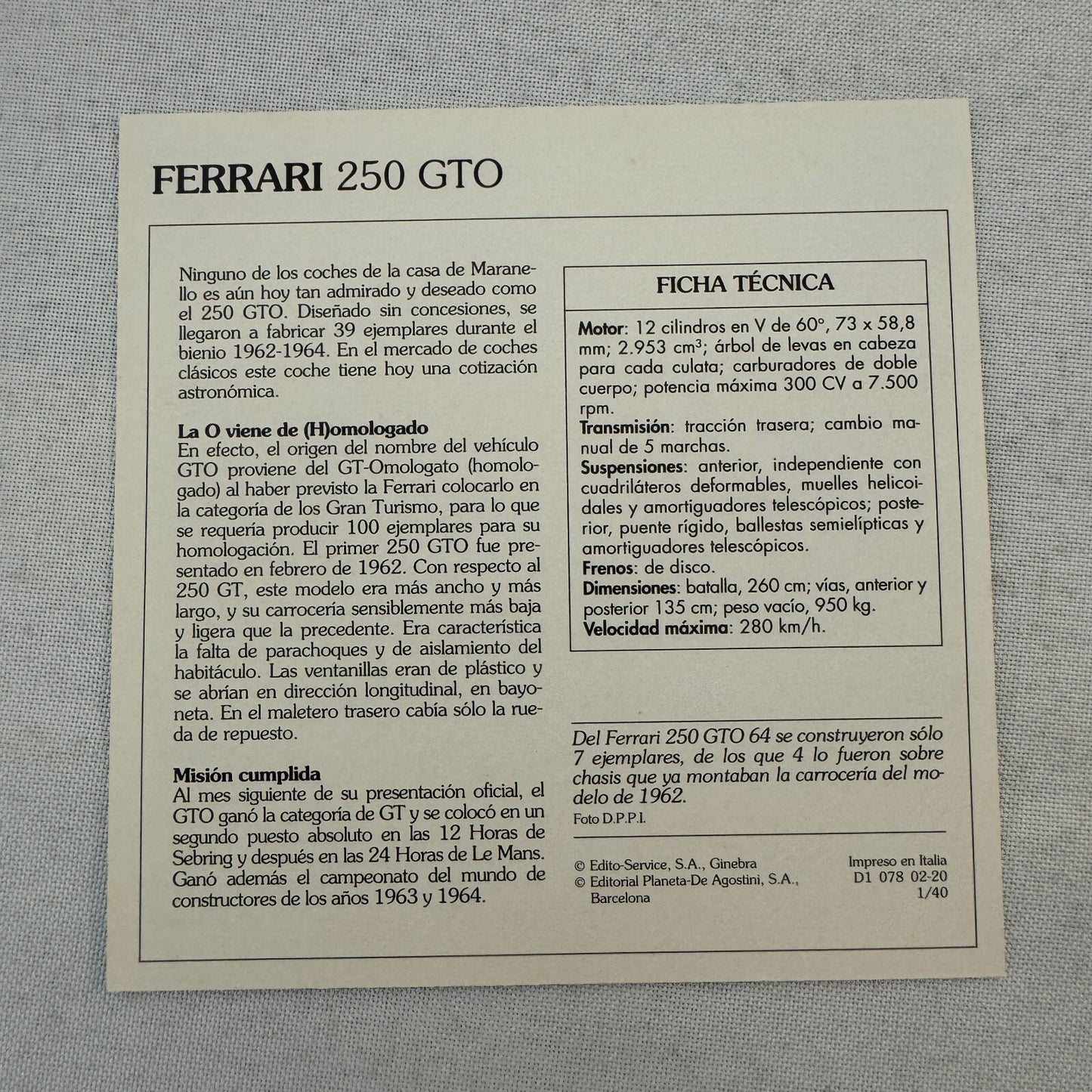 Ferrari Card Lot Ferrari 250 GTO Dino 246 GT F40 512 BB 212 Export 250 GT 365