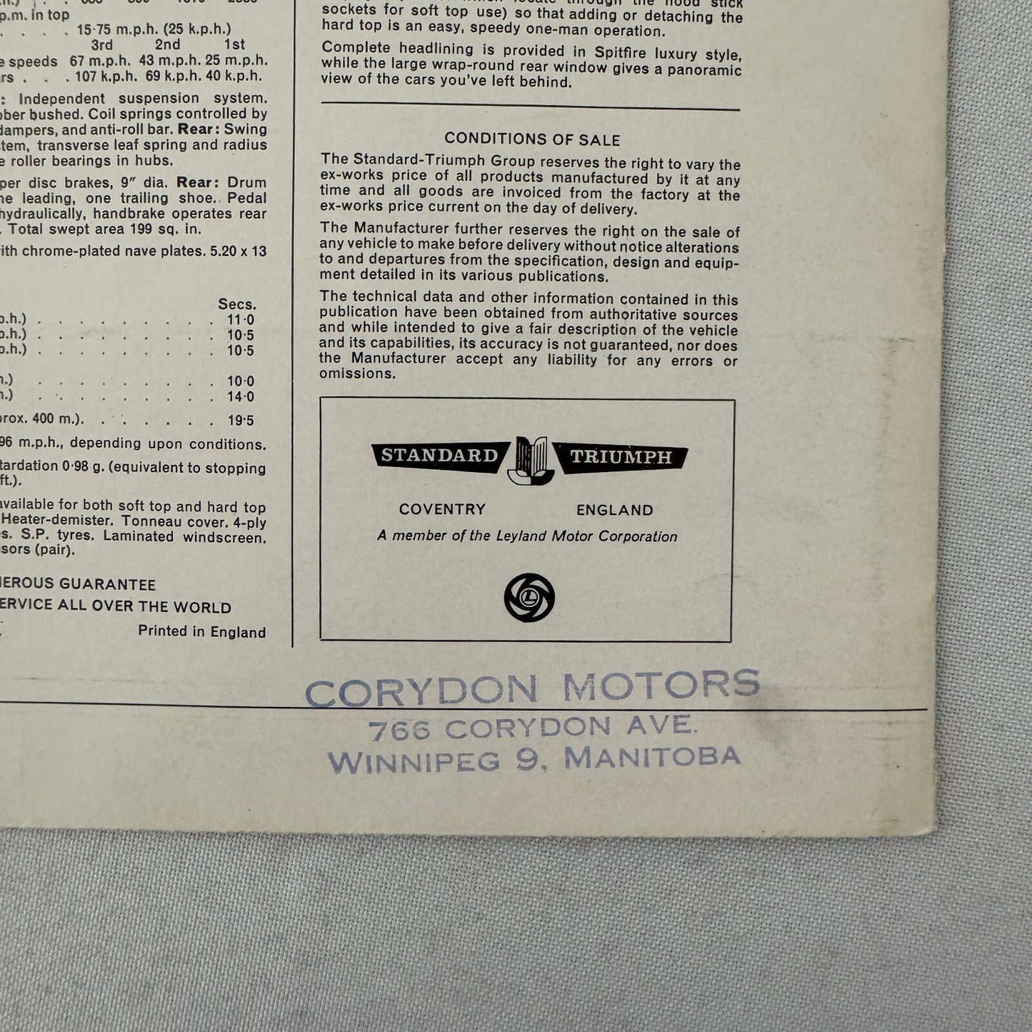 Triumph Spitfire MK11 Roadster Convertible Car Sales Brochure Catalog Vintage