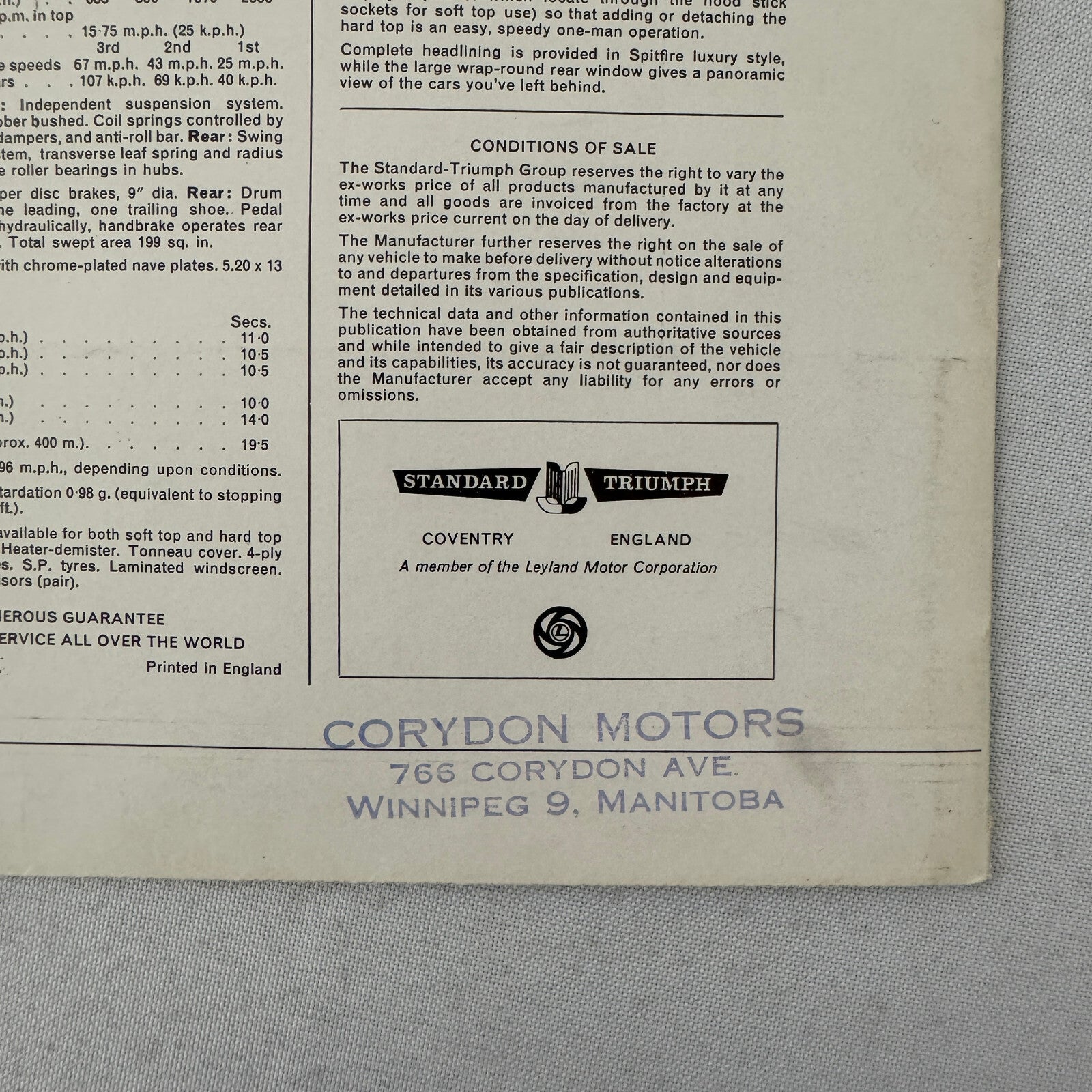 Triumph Spitfire MK11 Roadster Convertible Car Sales Brochure Catalog Vintage