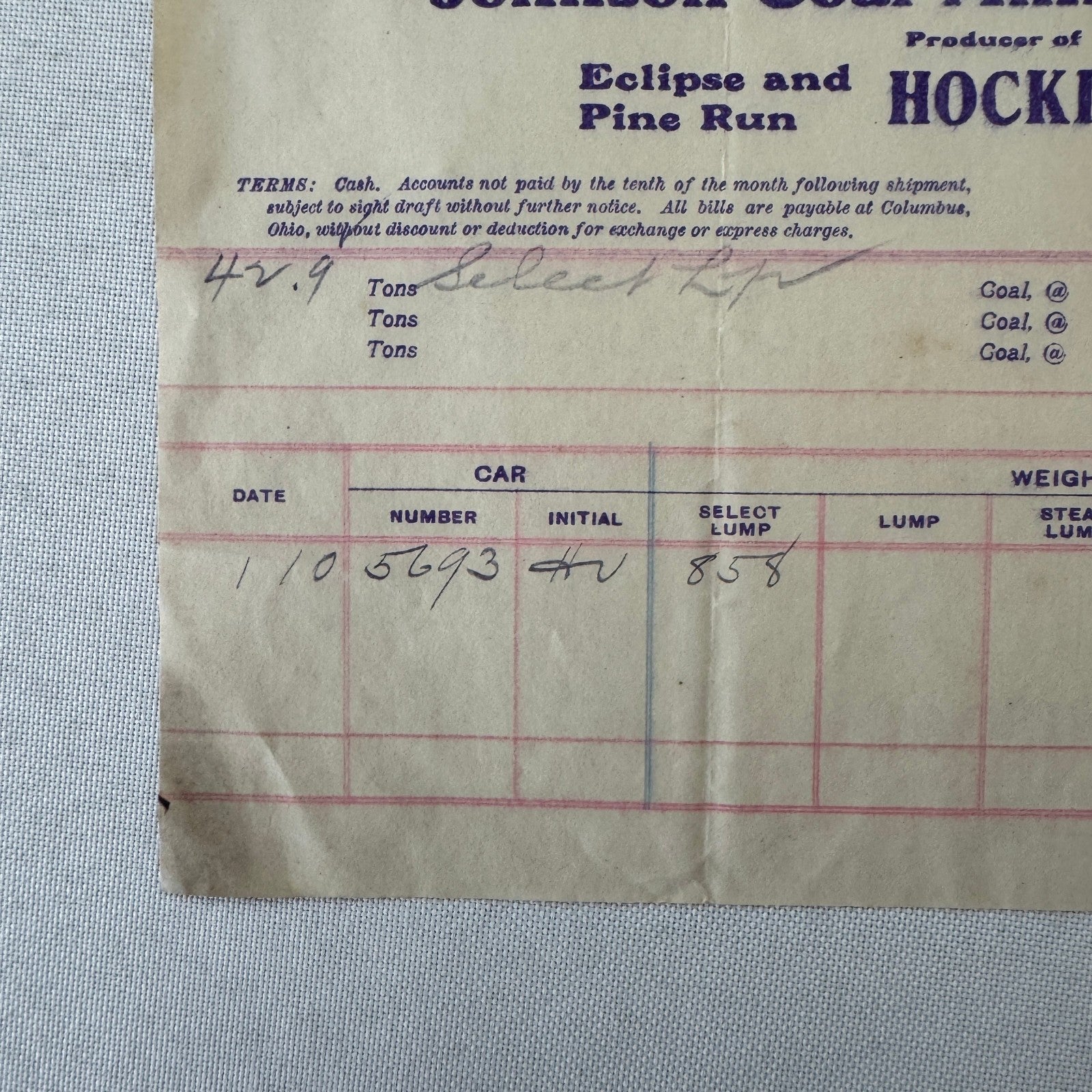 Johnson Coal Mining Company Receipt Invoice Document Letterhead 1908 Columbus OH