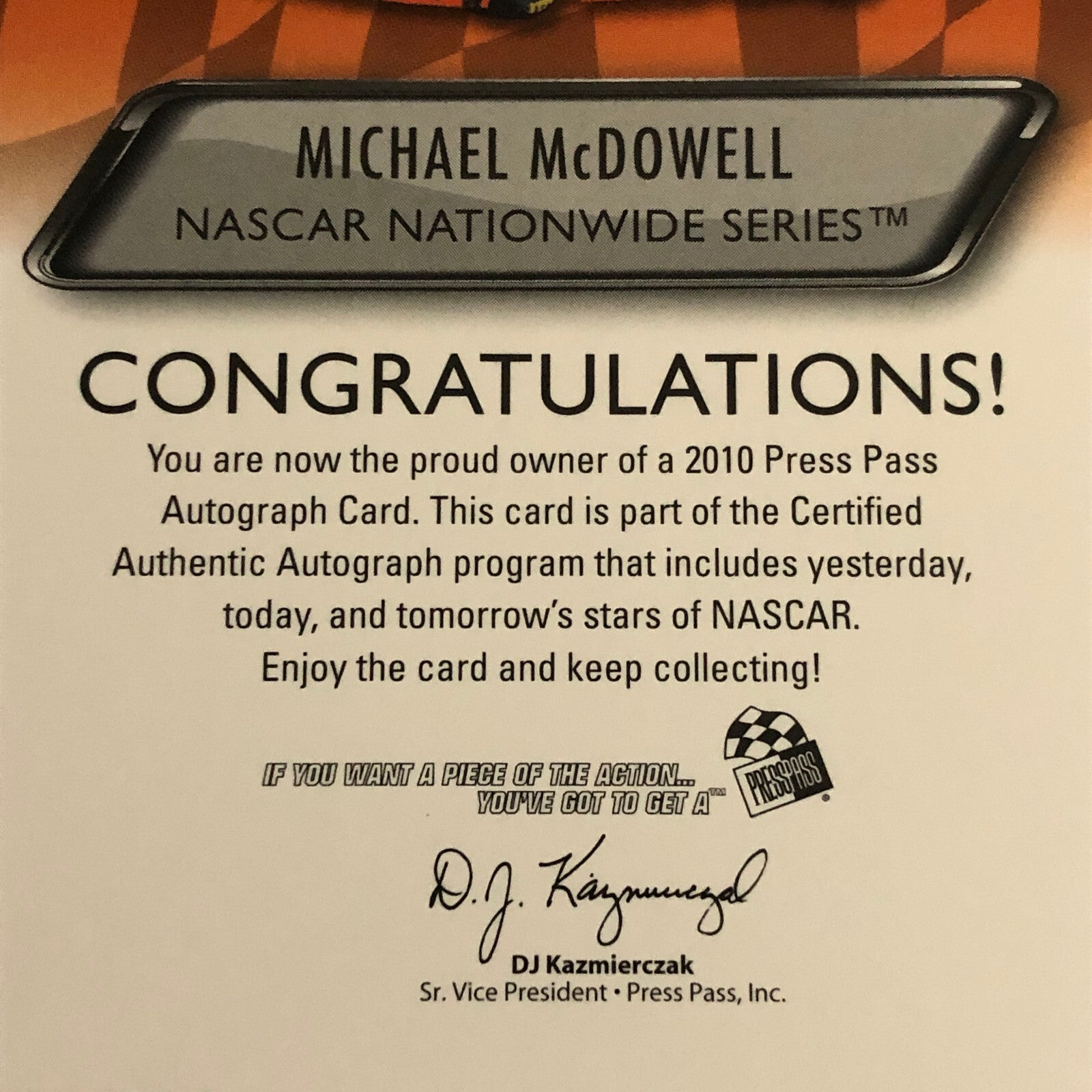 2010 Press Pass Authentics Michael McDowell Auto Autograph Signed Card NASCAR