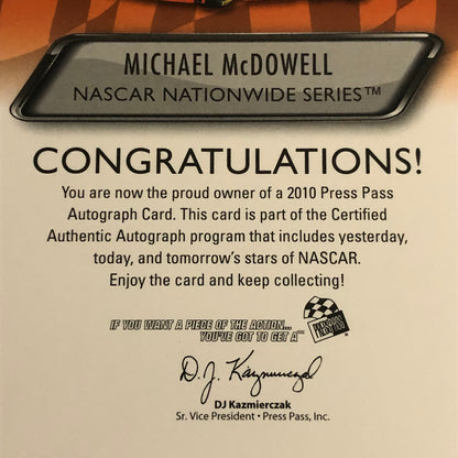 2010 Press Pass Authentics Michael McDowell Auto Autograph Signed Card NASCAR