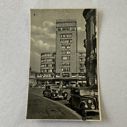 Vintage German Postcard Post Card Essen Deutschlandhaus Building Car Automobile