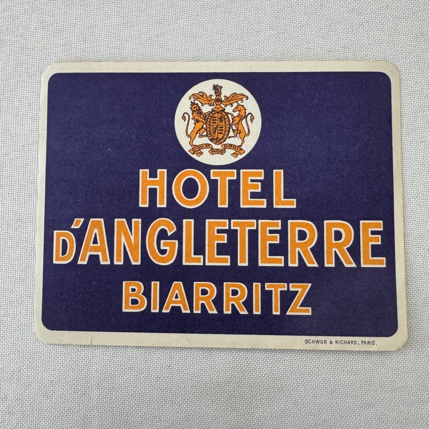 Vintage Hotel Travel Luggage Label Hotel D'Angleterre Biarritz France French