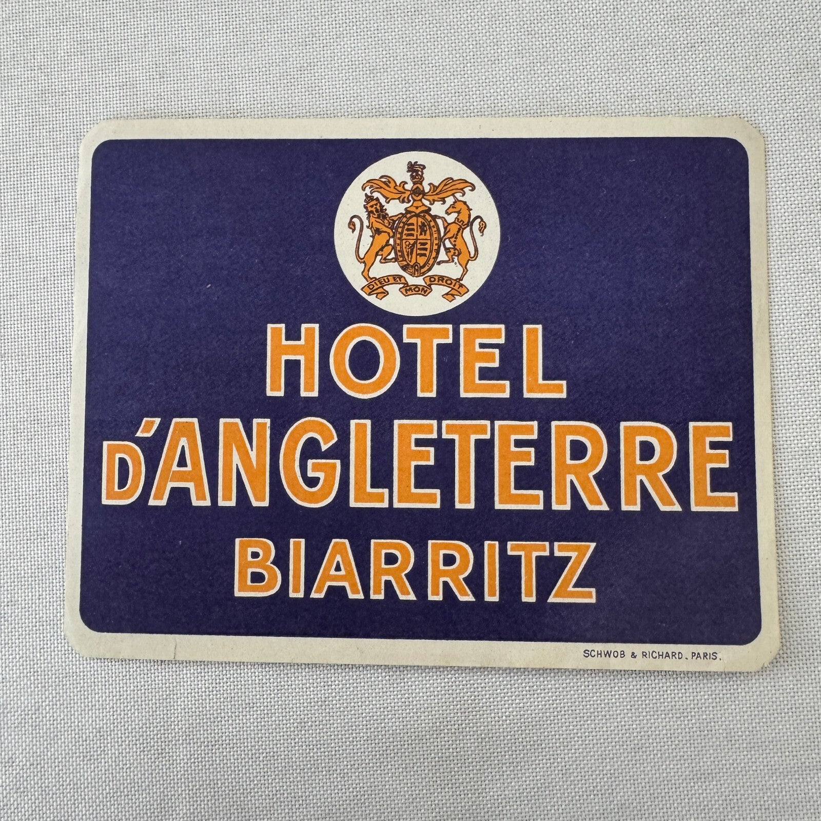 Vintage Hotel Travel Luggage Label Hotel D'Angleterre Biarritz France French