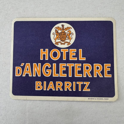 Vintage Hotel Travel Luggage Label Hotel D'Angleterre Biarritz France French
