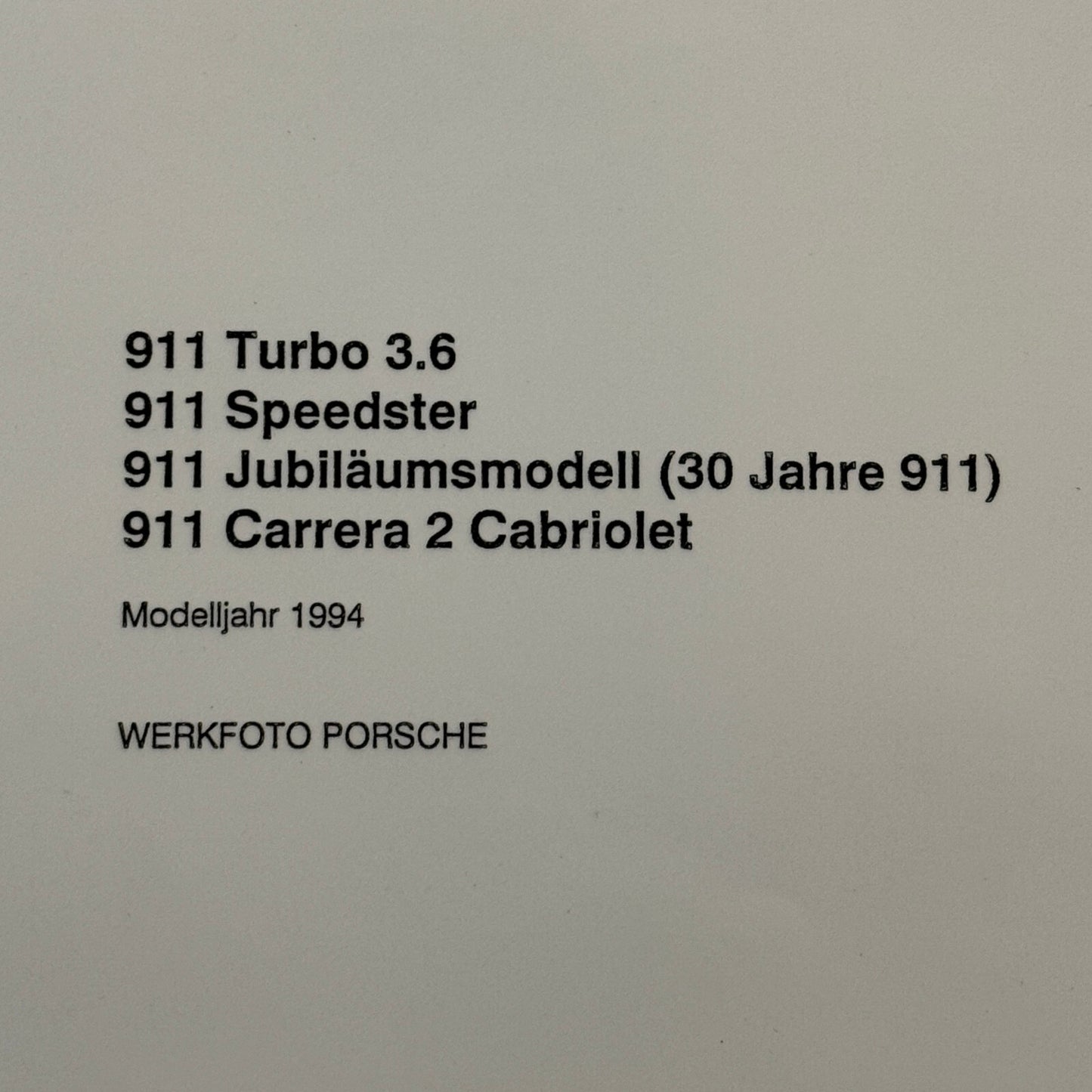 1994 Porsche Factory Photo Photograph 911 Turbo 3.6 911 Speedster 911 Carrera 2