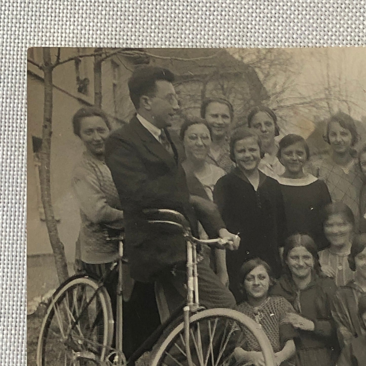 Antique Vintage Photo Photograph Man with Bicycle Women Girls Dog + 