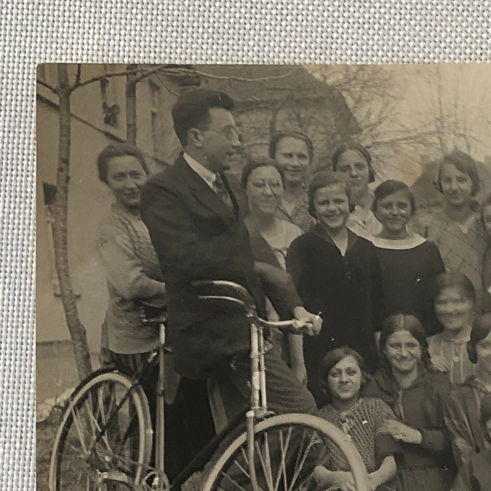 Antique Vintage Photo Photograph Man with Bicycle Women Girls Dog + 