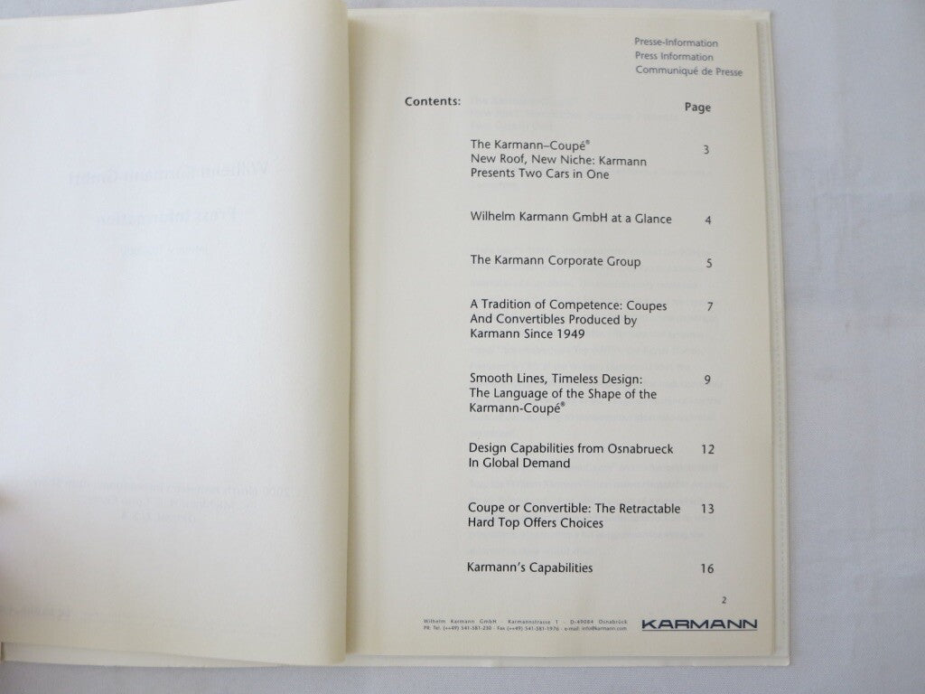 2000 Wilhelm KARMANN GmbH Karmann Coupe Convertible Press Kit Brochure 