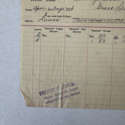 Detroit Vapor Stove Company Receipt Invoice Document 1908 Detroit Michigan