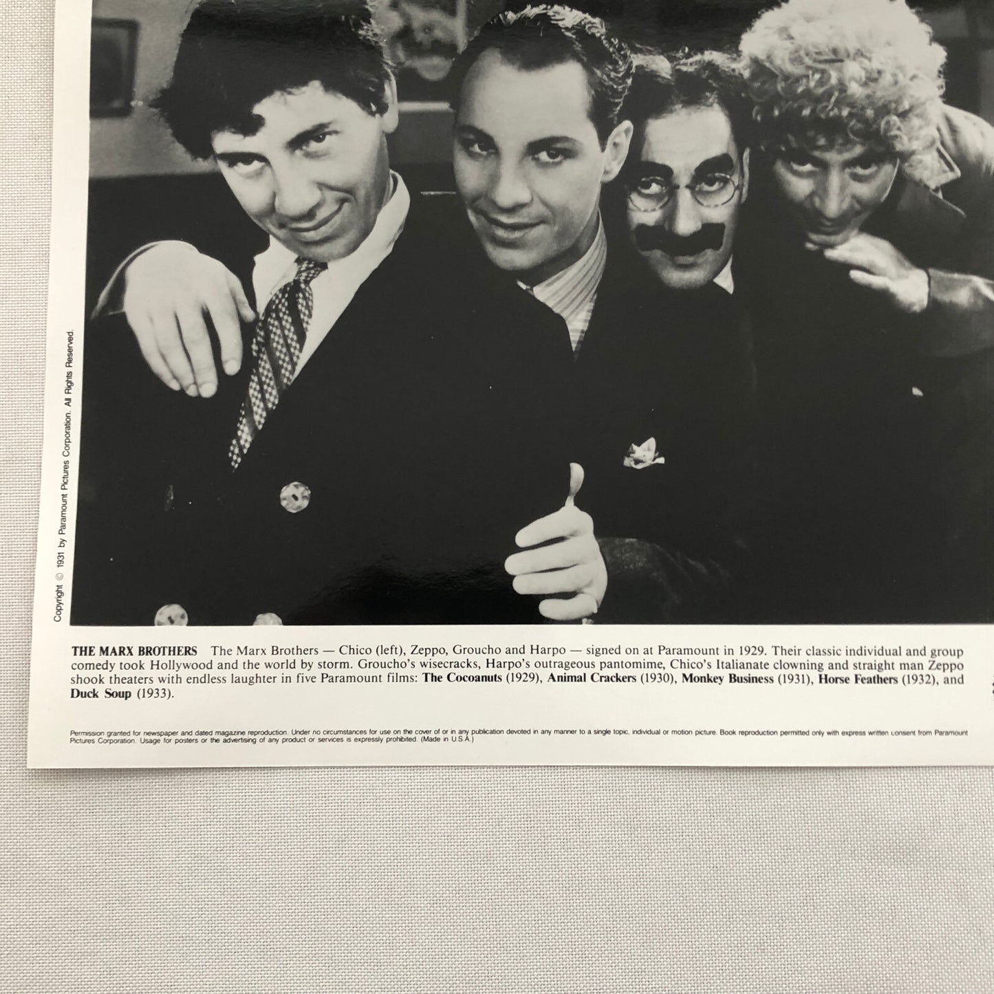 Marx Brothers Paramount Video Press Photo Photograph Print Groucho Harpo Chico +