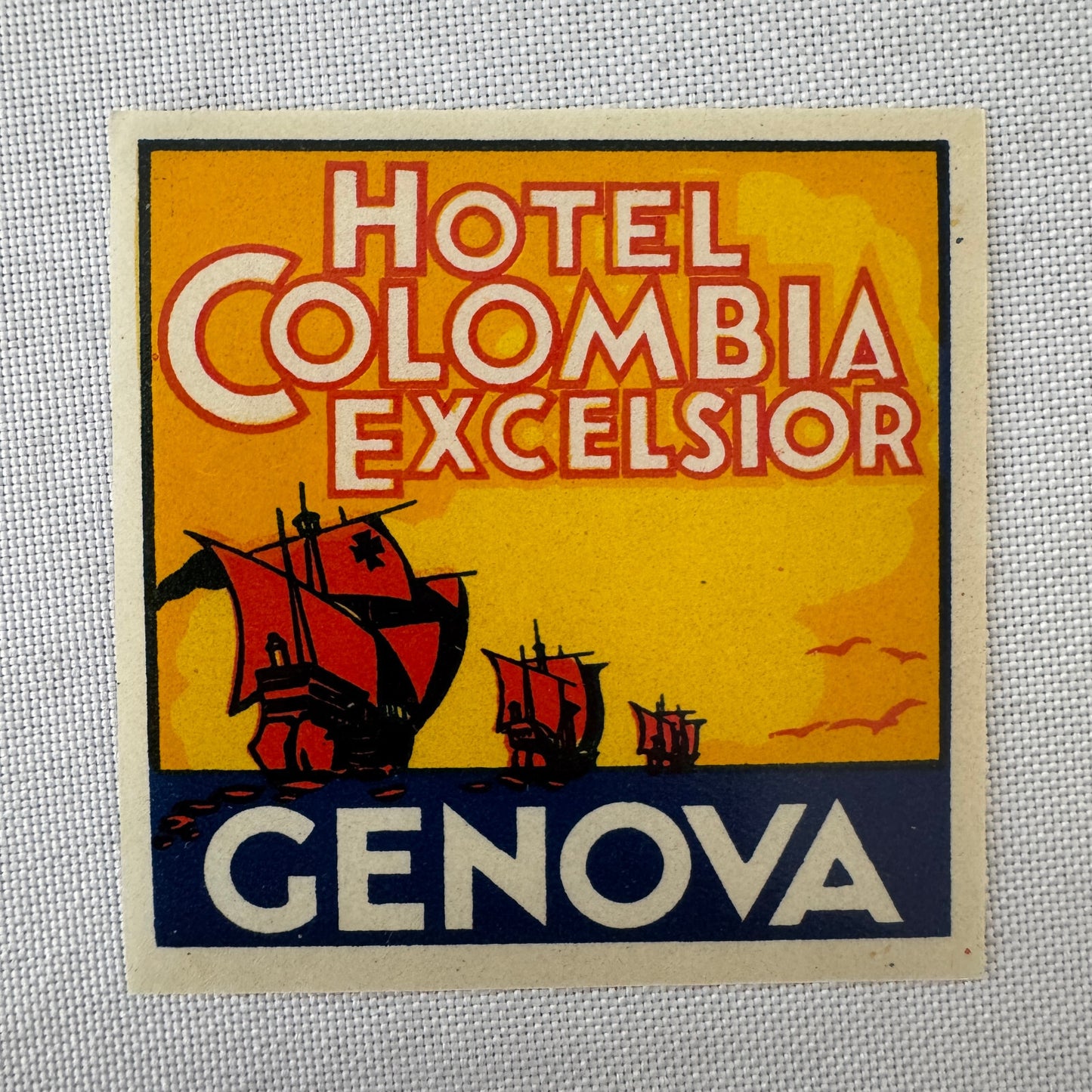 Vintage Hotel Travel Luggage Label Hotel Colombia Excelsior Genova Genoa Italy