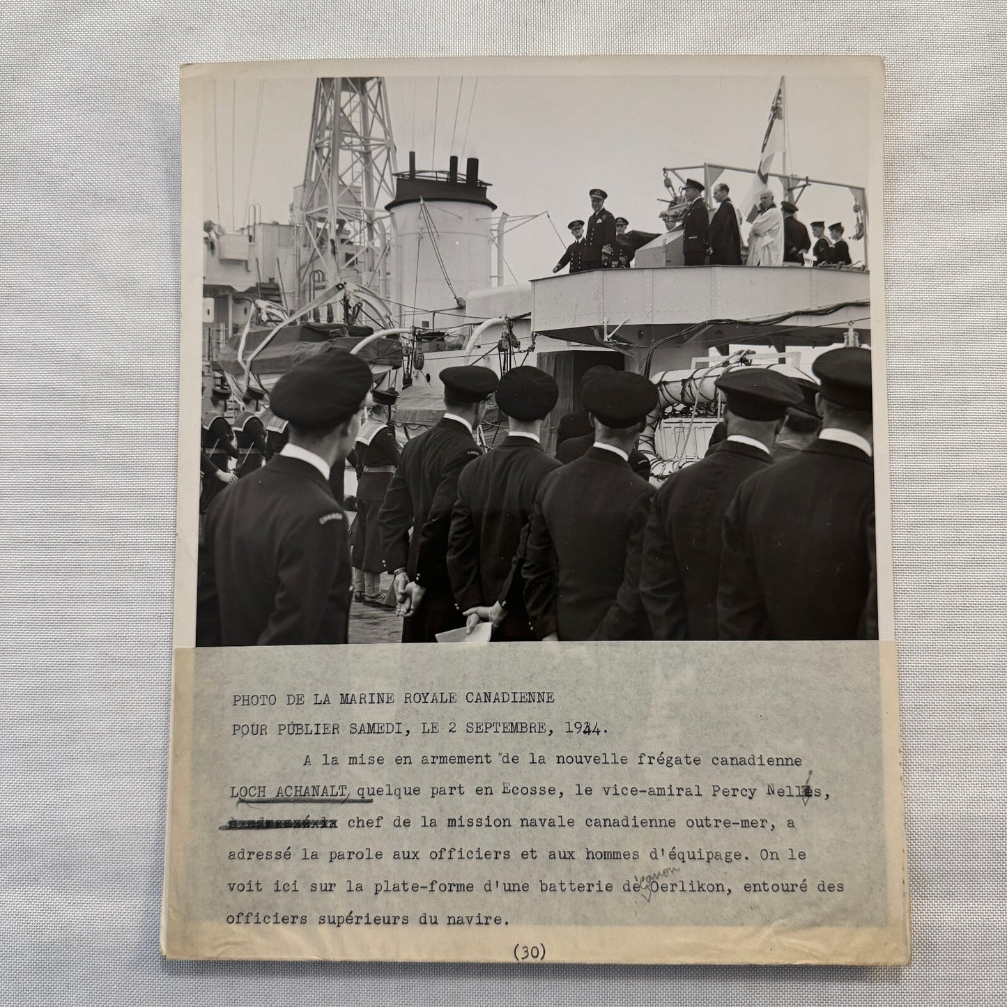 Royal Canadian Navy Press Photo Photograph Ship 1944 HMS Loch Achanalt Frigate