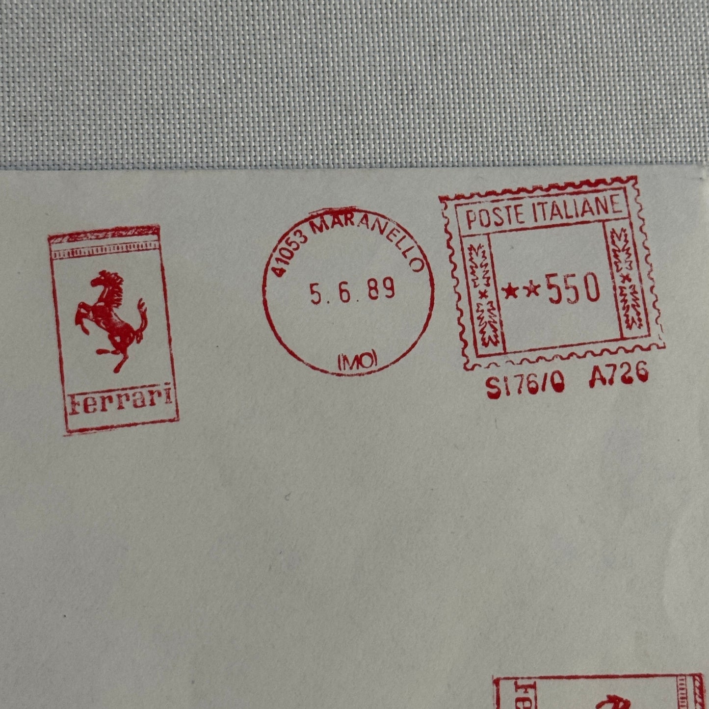 Vintage Ferrari Maranello Envelope Postmark Postage Stamp 1989