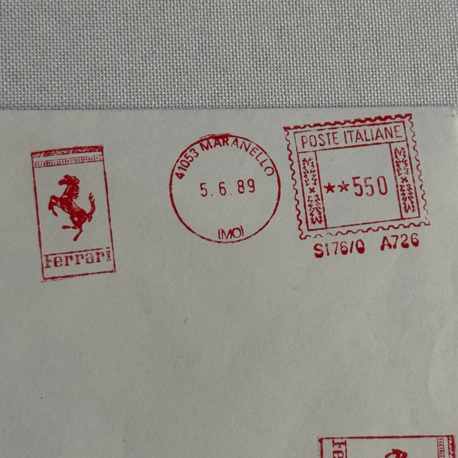 Vintage Ferrari Maranello Envelope Postmark Postage Stamp 1989