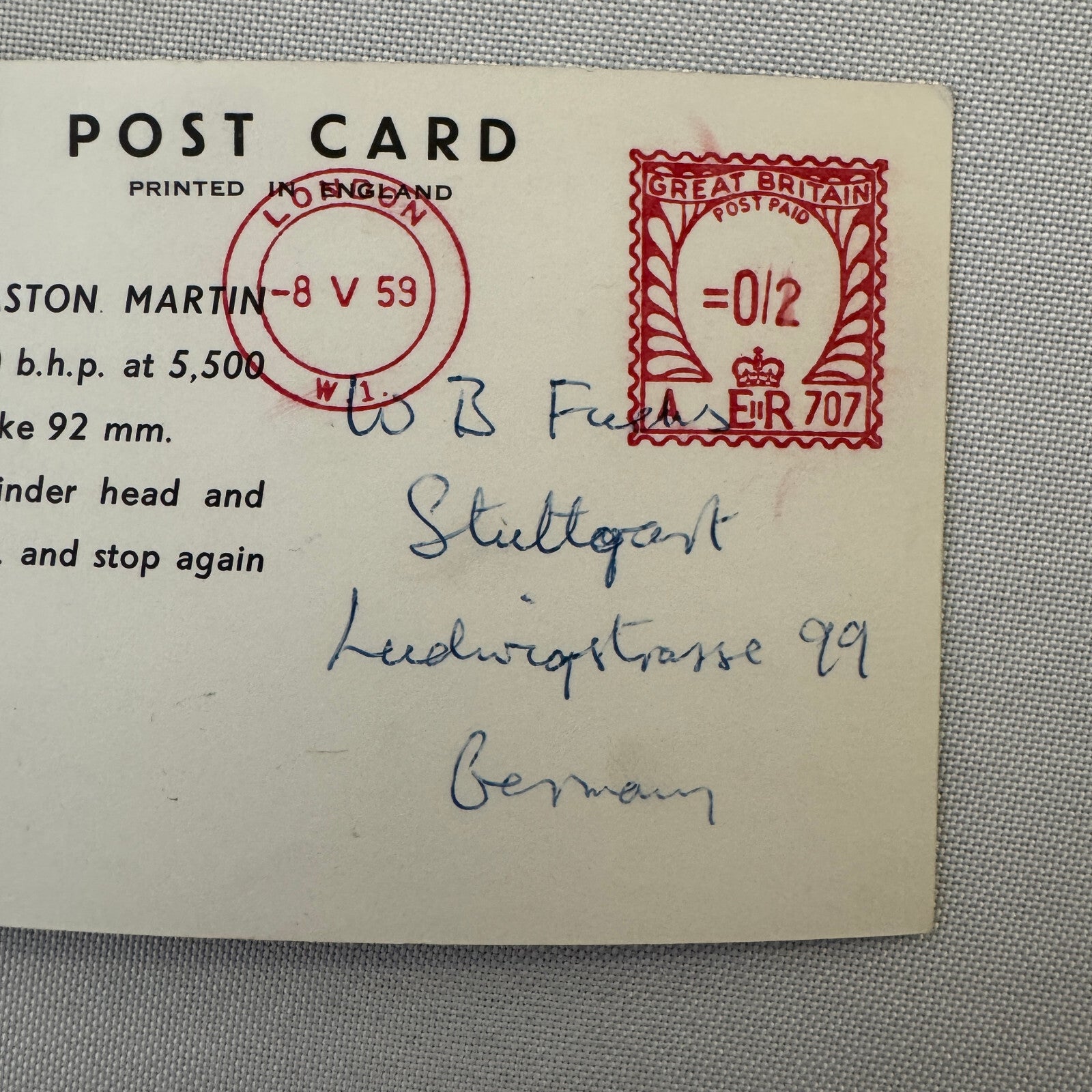 David Brown Aston Martin Car Vintage Postcard Post Card