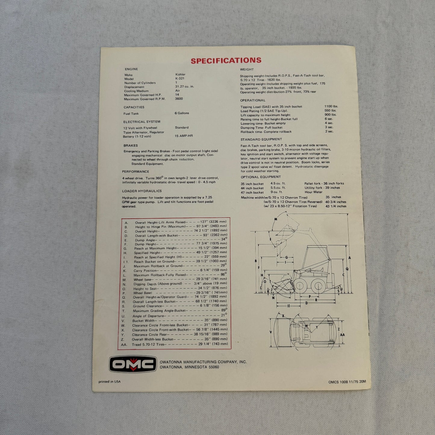 OMC Owatonna 310 Mustang Hydrostatic Loader Construction Farm Brochure