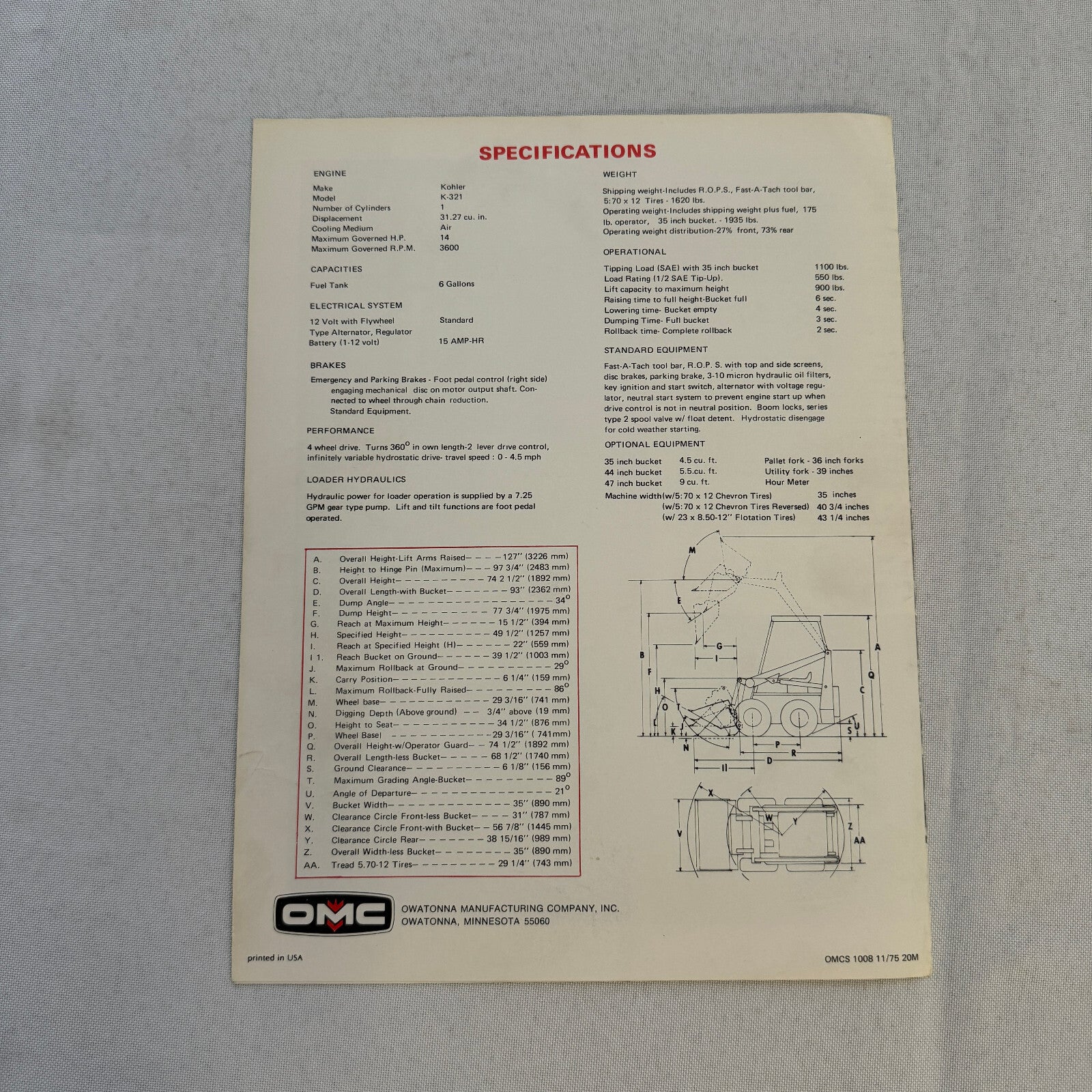 OMC Owatonna 310 Mustang Hydrostatic Loader Construction Farm Brochure