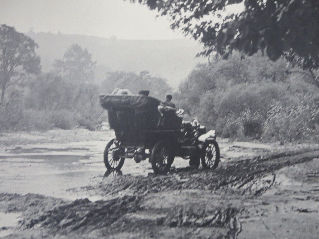 Early Antique Large Art Photograph - White Steamer Car Driving By River Photo