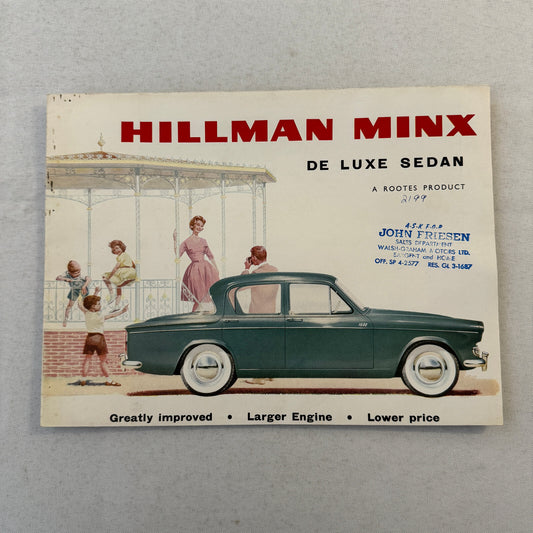 Hillman Minx De Luxe Sedan Car Sales Brochure Catalog Advertising Vintage