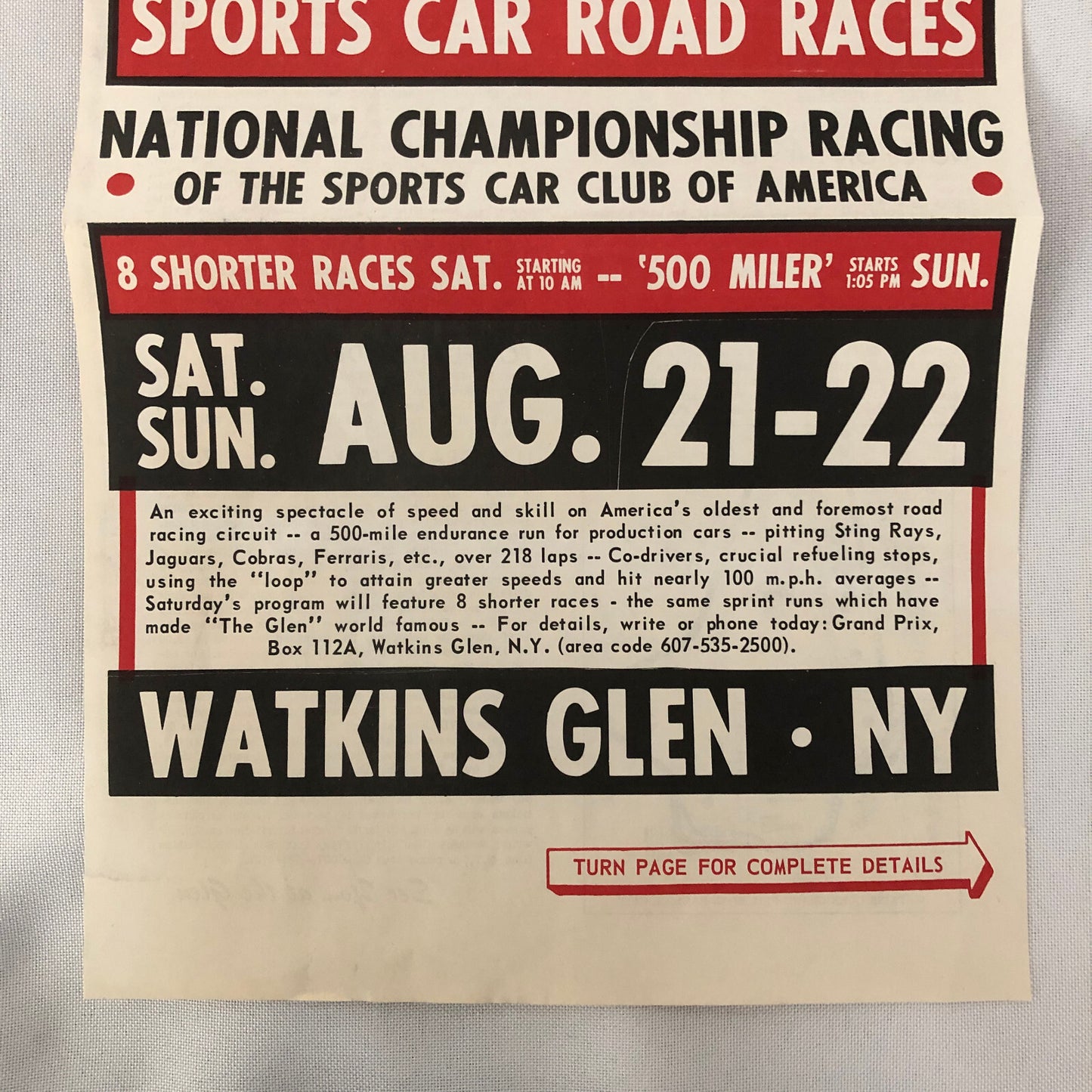 Vintage Watkins Glen Sports Car Road Race Poster Cobra Ferrari 250 SCCA