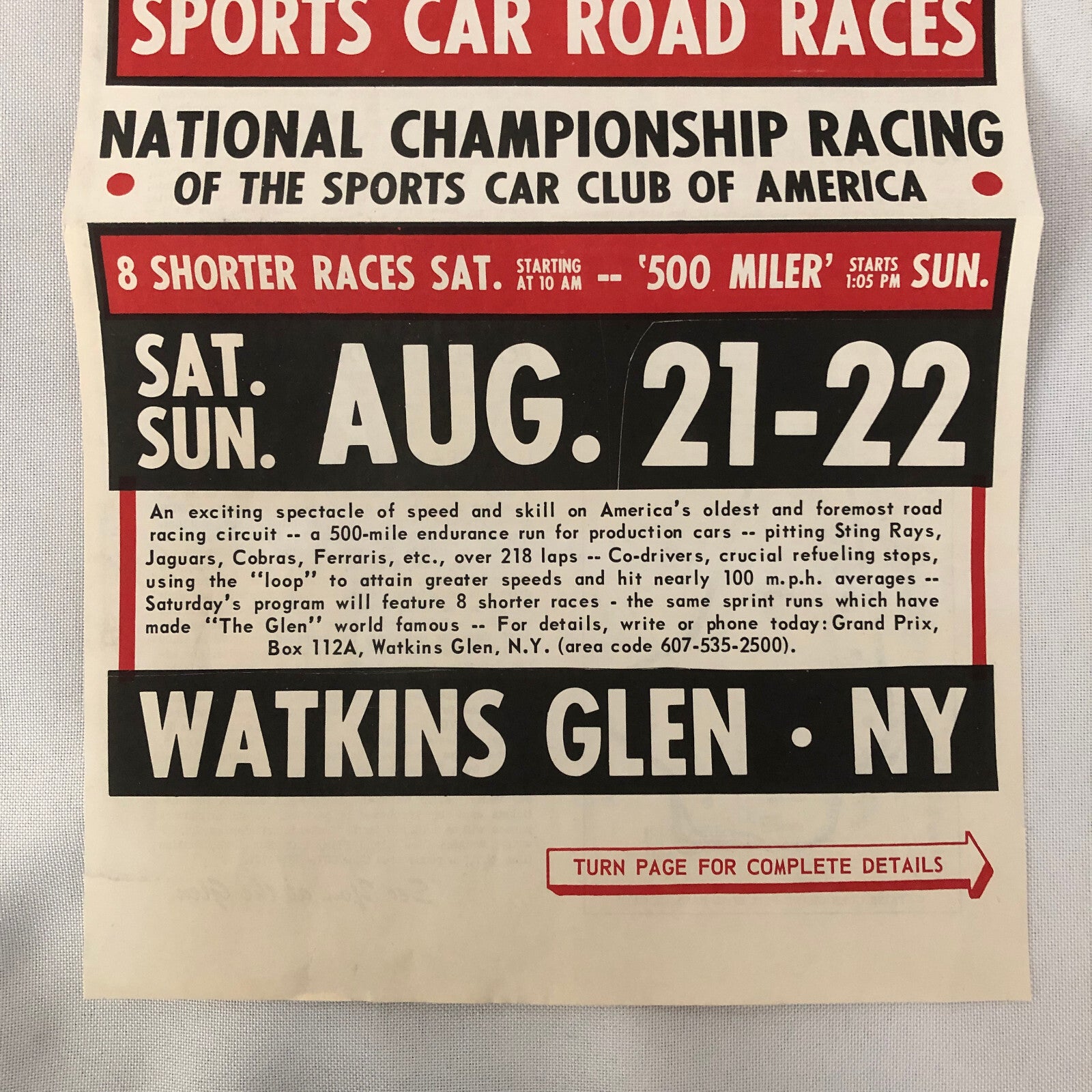 Vintage Watkins Glen Sports Car Road Race Poster Cobra Ferrari 250 SCCA
