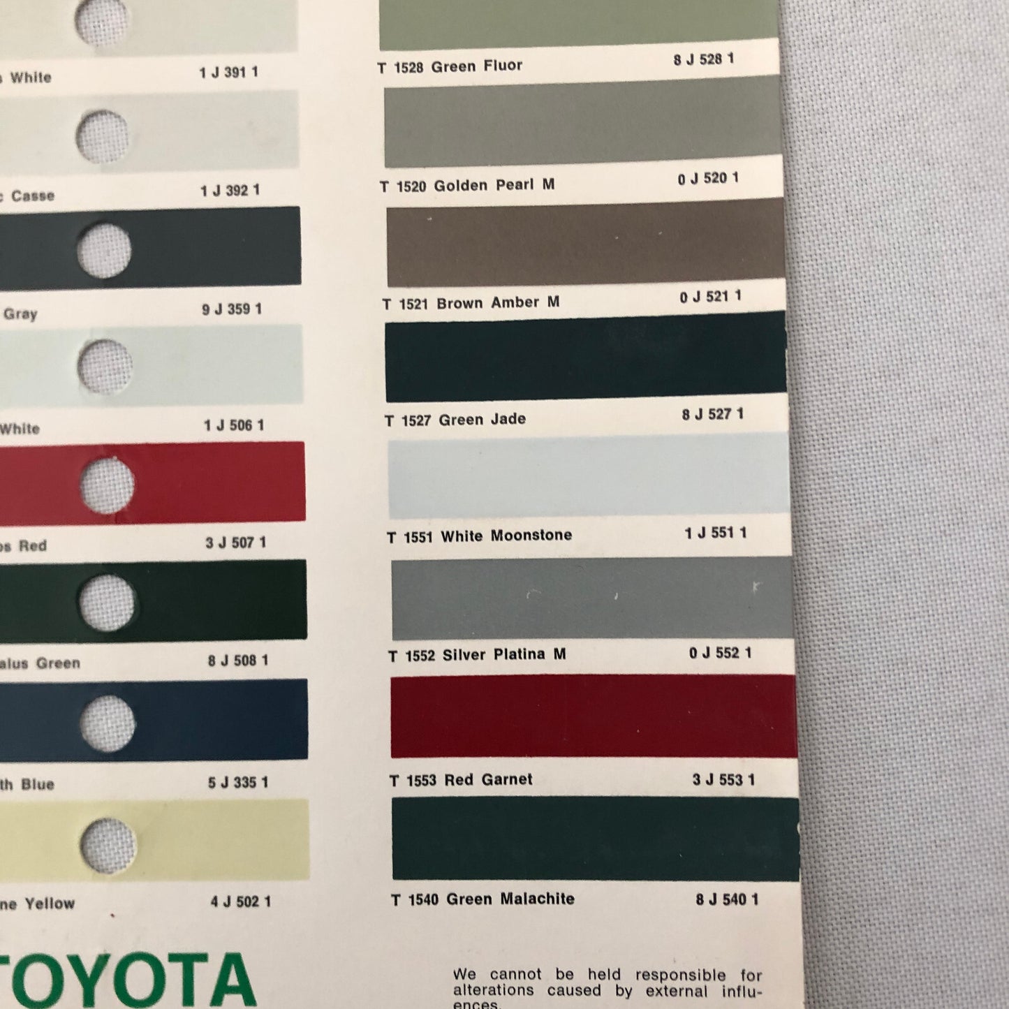 1969 1970 1971 Toyota Car Paint Chip Color Sample Sheet Valentine