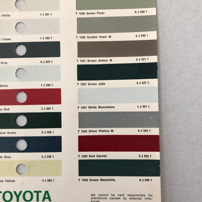 1969 1970 1971 Toyota Car Paint Chip Color Sample Sheet Valentine