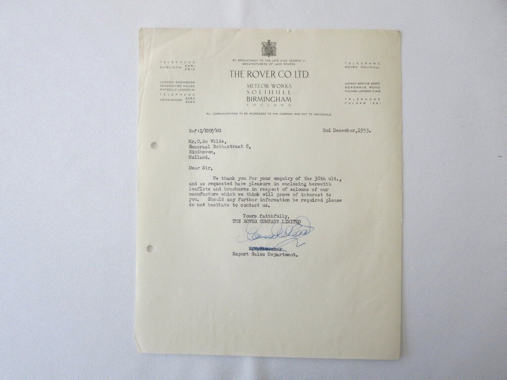 1948 - 1955 Rover Car Company Letter Letterhead Document Lot of 5