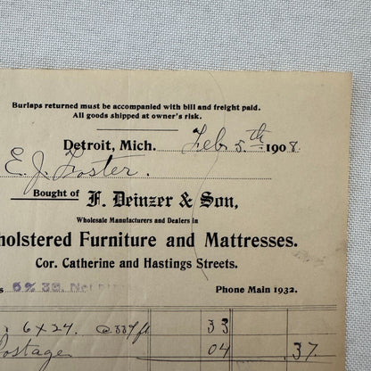 F Deinzer and Son Furniture Mattresses Invoice Receipt Document Lot 4x Detroit
