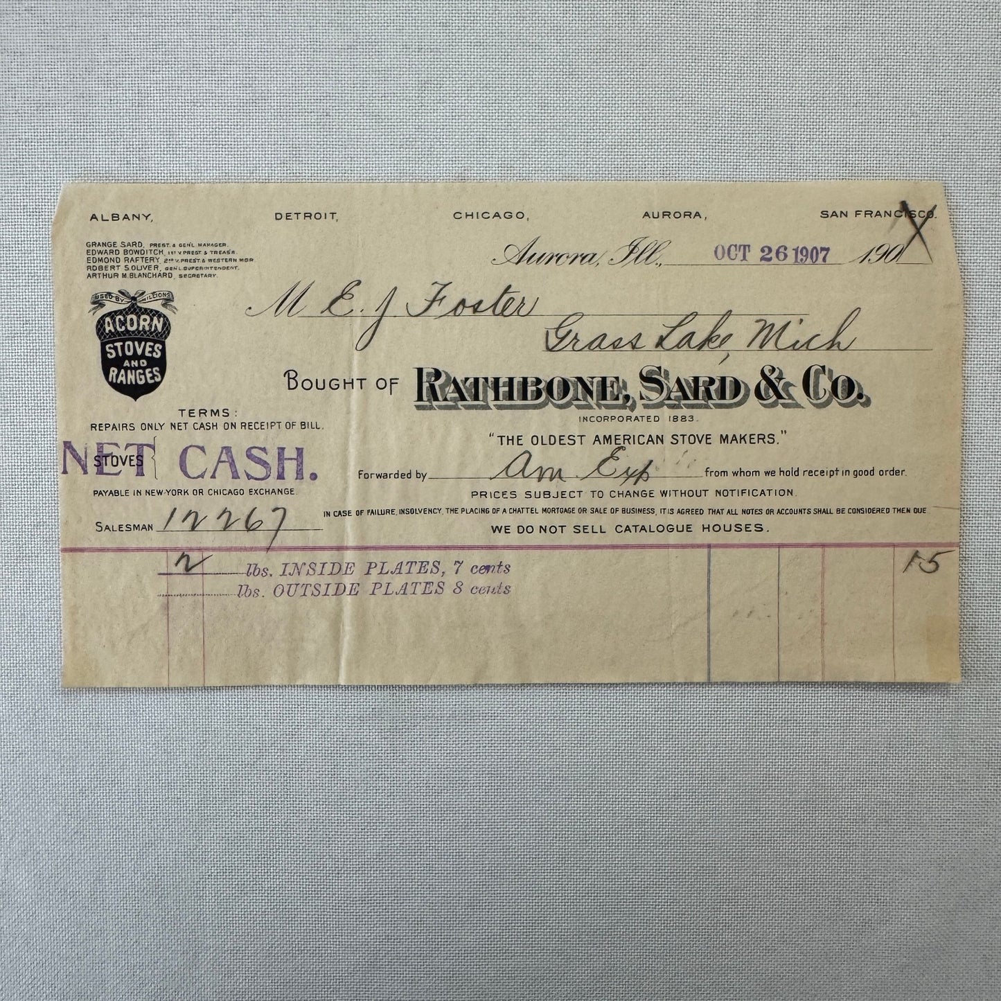 Rathbone Sard and Company Acorn Stoves and Ranges Receipt Invoice Document 1907