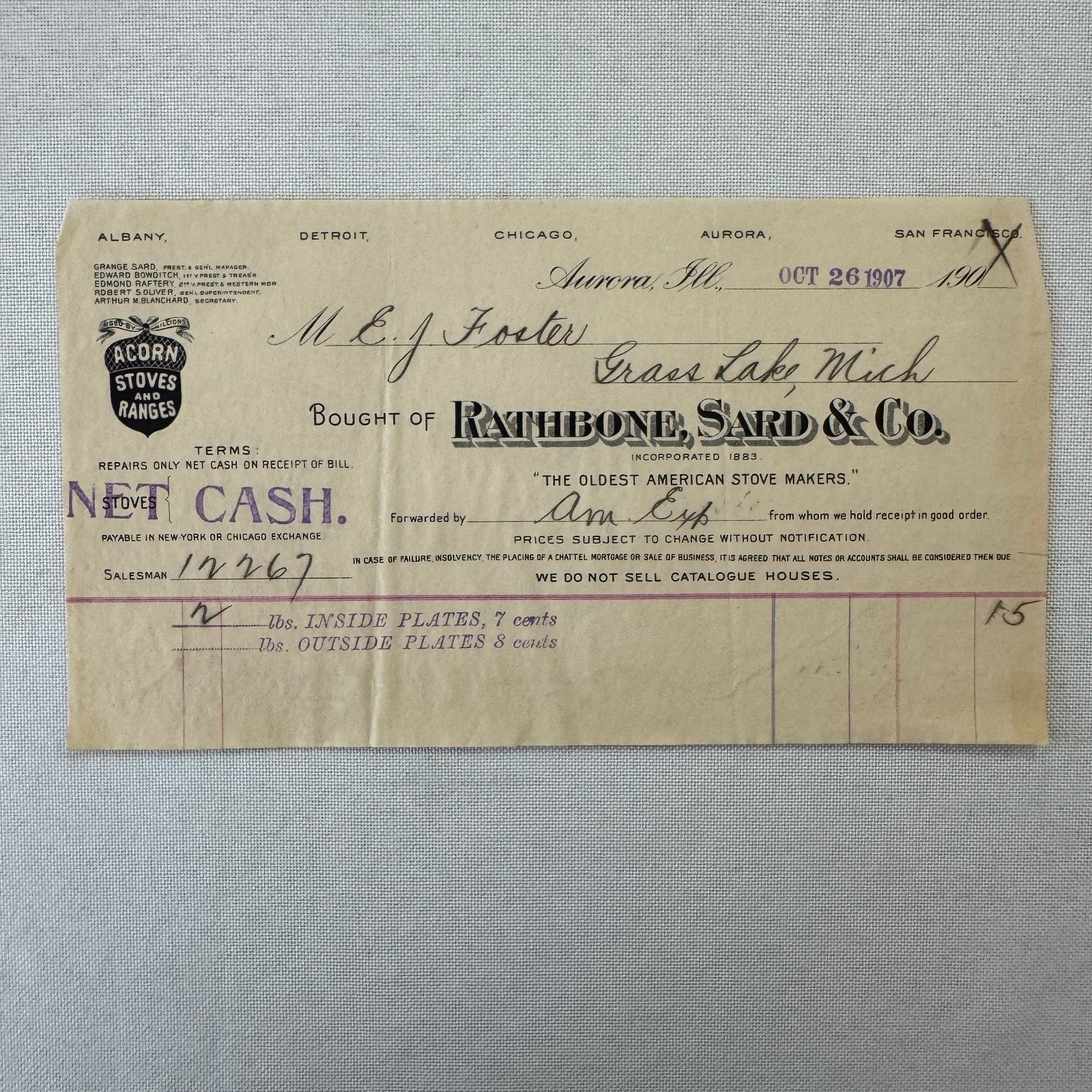 Rathbone Sard and Company Acorn Stoves and Ranges Receipt Invoice Document 1907