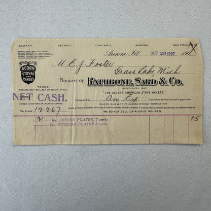 Rathbone Sard and Company Acorn Stoves and Ranges Receipt Invoice Document 1907