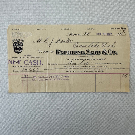 Rathbone Sard and Company Acorn Stoves and Ranges Receipt Invoice Document 1907